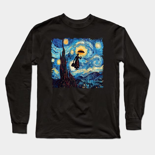 Girl with an Umbrella starry night Long Sleeve T-Shirt by Dezigner007